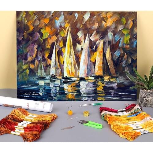 Oil Painting Style Brown Sea Printed Canvas 11CT Cross Stitch DIY Embroidery Full Kit DMC Threads Handmade Hobby Stamped