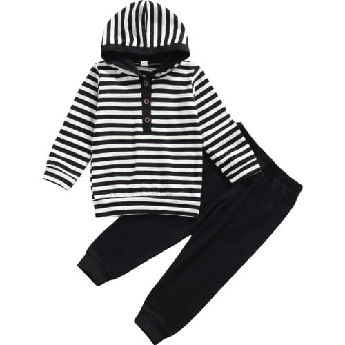 2-6Years Boys Clothes Set Striped Long Sleeve Hooded Tops with Buttons + Solid Color Trousers