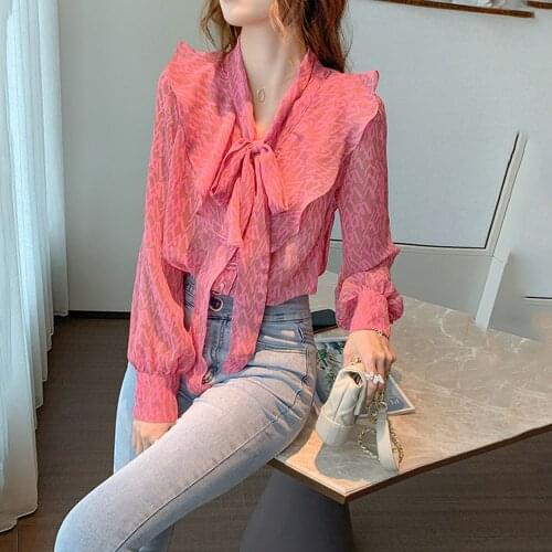 V-Neck Lace Up Bow Design Loose Blouse Women Pullover Puff Long Sleeve Sweet Blouses Spring 2021 New Fashion Loose Shirt