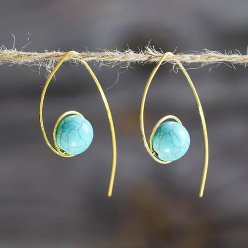 Hot Fashion Round Turquoises Stone Long Drop Earrings For Women Simple Cute Gold Color Earrings Hook Boho Jewelry Gift Z4D311