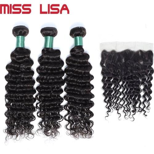 MISS LISA Deep Wave Bundles With 13*4 Lace Frontal Non-Remy Brazilian Human Hair Weave Bundles With Frontal Hair Extension