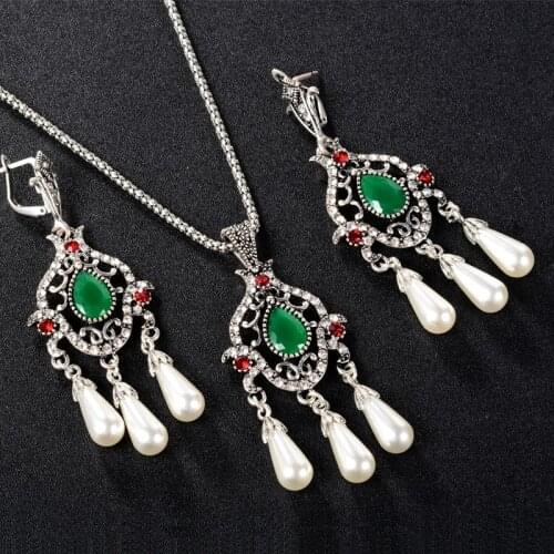Turkish Jewelry Mosaic Green Red Top Resin Crystal Tibetan Silver Wedding Necklace and Earing Pearl Set Girls Necklaces Pendants