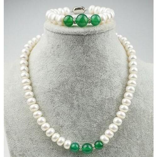 Genuine Natural 5X7MM WHITE CULTURED PEARL & GREEN JADEITE necklace Bracelet AAA