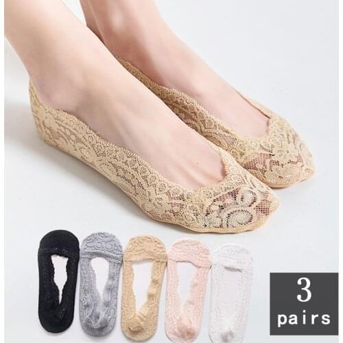 3pairs Summer women girl Silica Gel Lace Boat Socks Invisible Cotton Sole Non-slip Antiskid Slippers Anti-Slip Short Sock