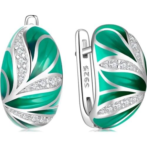 New 925 Silver Earrings Wedding Jewelry Temperament Elegant Classic Emeralds Green Leaves with CZ Enamel stud Earrings for Women