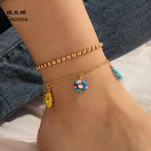 Tocona 2pcs/sets Colorful Bead Anklets for Women Pretty Flowers Handmade Barefoot sandals Bohemian Jewelry Accessories 15884