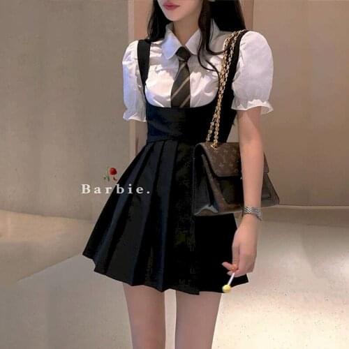 Waitress Work Clothes Black Dress Strap Dress Women Summer Hot Girl Jk Uniform Sling Pleated Skirt Puff Sleeve Shirt Two-piece