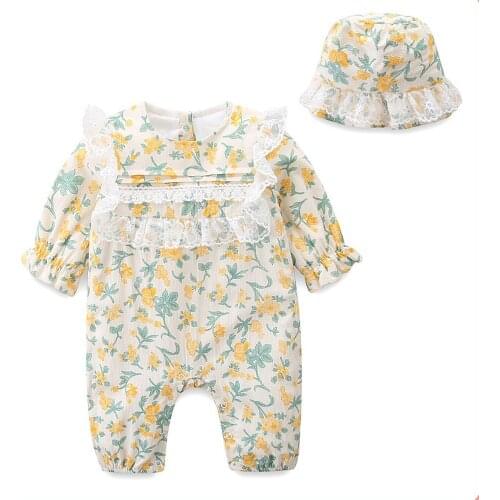 2021Autumn Baby Rompers Flowers Print Lace Newborn Girls Clothes Toddler Infant Cotton Long Sleeves Jumpsuit + Hat 0-2Y