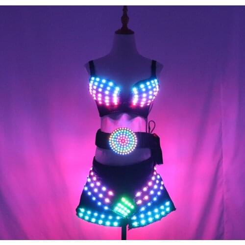 Full Color Led Luminous Light Party Skirt Sexy Girl Led Light Up Costumes With Led Belt Ballroom Dance Outfit DJ DS Bra Suit