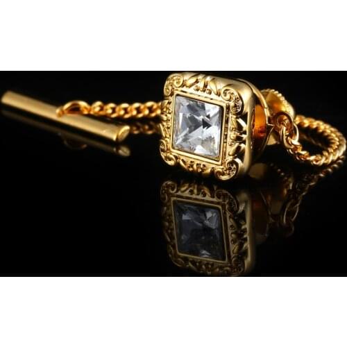 Luxury Tie Tack Pin Square Czech Crystal Mens Shirt Tie Clips Pins Lock Button with Chain Men Tie Buckle Clothing Wedding Gifs