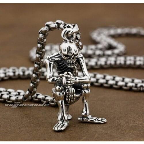 925 Sterling Silver Smoking Skull On Closestool Mens Biker Rock Punk Pendant 8P024