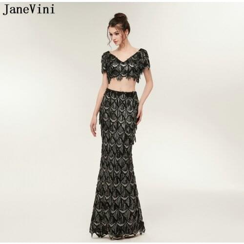 JaneVini 2018 Sexy Black Long Bridesmaid Dresses with Sequined Tassel Two Pieces Dress Short Sleeve Mermaid Prom Gowns for Women