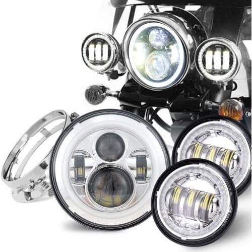 7"Sliver Halo LED Headlight + 4.5'' Fog Passing Lights with DRL Kit Set For Harley Electra Glide Road King Heritage Softail