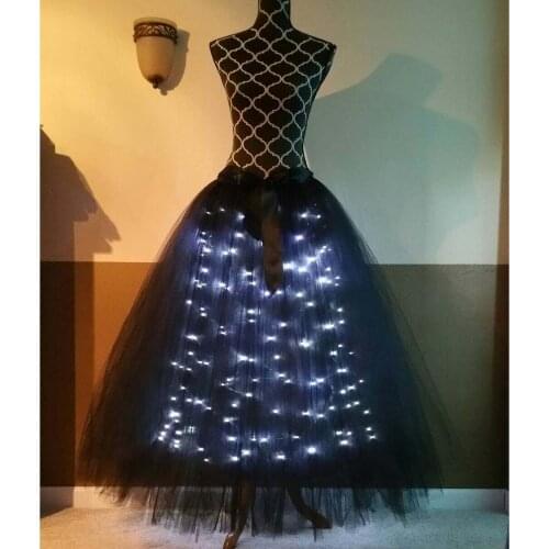 LED Luminous Adult Women Bowknot Tulle Skirt Dance Christmas Party Tutu Sexy Black Gray Long Belly Dance Bar Supplies For Girl
