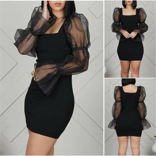 2020 Spring Womens Sexy Mesh Sheer Puff Long Sleeve Bodycon Ladies Evening Party Mini Dress Femma Vestito