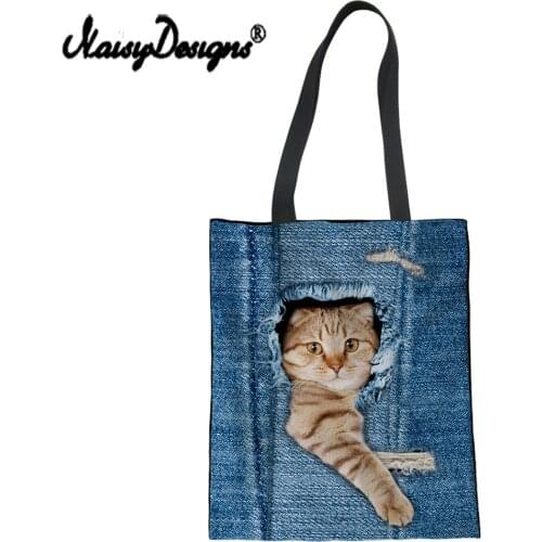 NoisyDesigns Women Denim Jeans Cat Tote Bag Reusable Shopping Bag Travel School Handbag Folding Shoulder Grocery Bags for Female