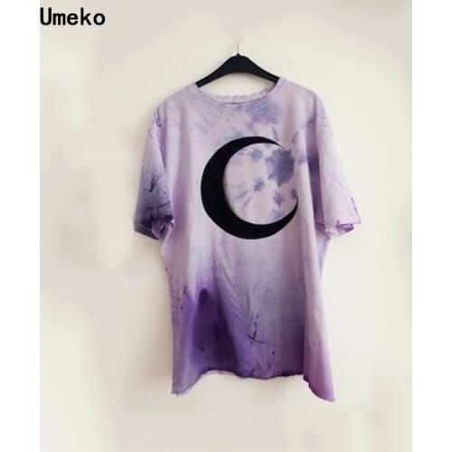 2020 New Chic Gothic Purple T-shirt Women Casual Loose Short Sleeve Moon Print T Shirt O-neck Plus Size Tshirt Summer Streetwear