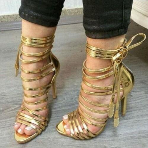 New Gold Ankle Strap Women Gladiator Sandals Fashion High Heel Lace-up Strappy Dress Sandals Boots Women Size 10 Office Sandals