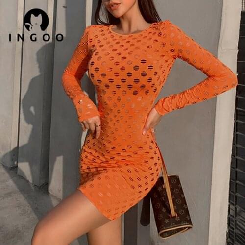 INGOO Hollow Out Bodycon Dress Sexy Party O-neck Solid Long Sleeve Skinny Short Dresses Women Streetwear Club Vestido
