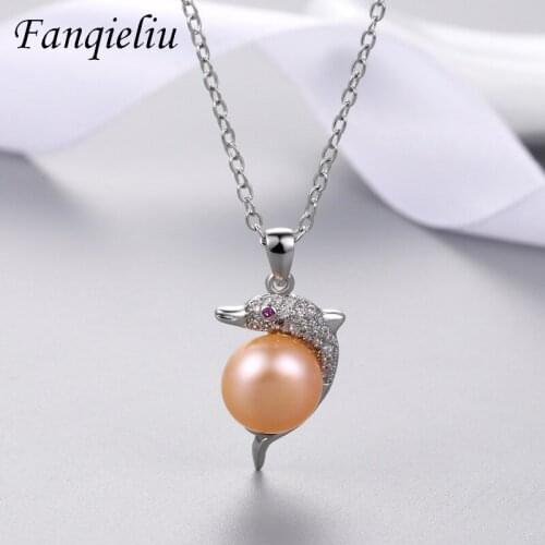 Fanqieliu Cute Dolphin Crystal Pink Natural Pearl Pendant Jewelry Solid 925 Sterling Silver Necklace For Women FQL21183