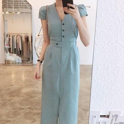 2021 Summer New Korean Short Sleeve High Waist Closing Simple Design Front Split Single Breasted Work Sexy Dress Elegant Ladies
