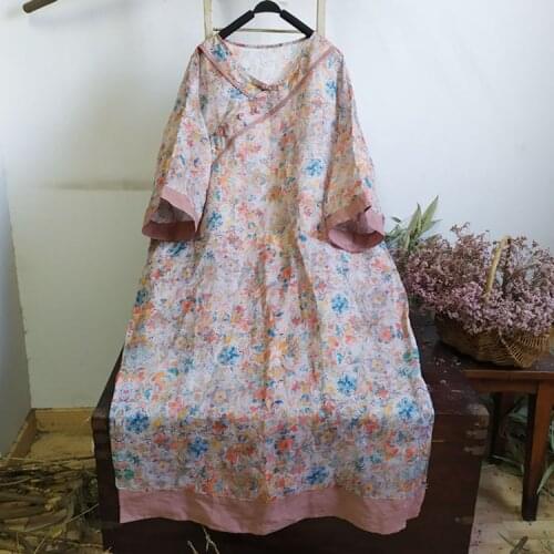 Women Ramie Printed Patchwork Dress Ladies Half Sleeve Ramie Dresses Female Vintage Spliced Ramie Dress 2021 Summer