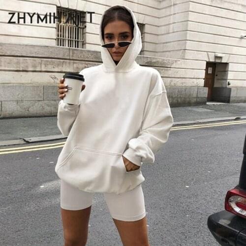 ZHYMIHRET Hoodies Sweatshirt And Shorts Women Two Pieces Set Pullover Biker Shorts 2020 Autumn Winter Tracksuit With Pockets