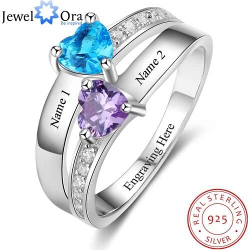 2 Heart Birthstone Ring Personalized Custom Engrave Names Promise Rings 925 Sterling Silver Jewelry (JewelOra RI103275)