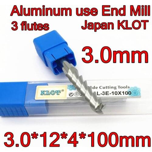 3.0*12*4*100mm 2pcs/set 4mm Petiole 3flutes Japan KLOT Solid carbide Aluminum Use End Mill CNC Tools Free shipping