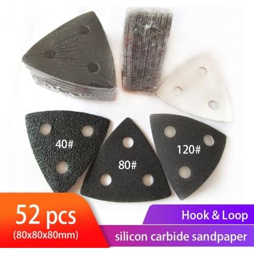 52pcs Triangular Sanding Pad 3-1/8 Inch 80mm Sandpaper Hook&Loop 40/80/120 Grits Assortment Sanding Disc Kit For Wood Sanding