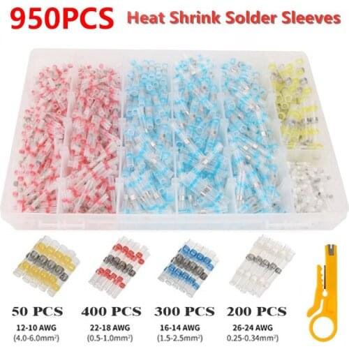 950pcs Solder Seal Wire Connectors Insulated Waterproof 4Sizes 0.25-6.0mm soldering sleeve heat shrink connectors