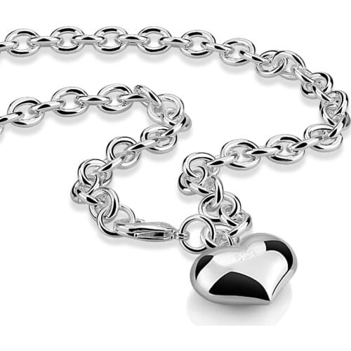 Europe 925 Solid Silver Ball Pendant Necklace Fashion Woman Heart Necklacee Charming Lady Wide Long Chain Female Gift