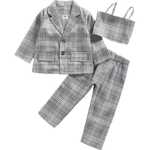 2-7Y Toddler Kids Baby Girl Plaid Outfits Camis Tops Jacket Coat Long Pant 3PCS Fashion Children Girls Clothing Set