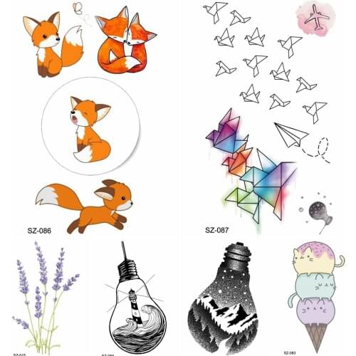 DIY Cute Cartoon Fox Temporary Tattoo Kids Arm Stickers Watercolor Paper Plane Fake Tatoo Children Squirrel Flash Tattoo Women