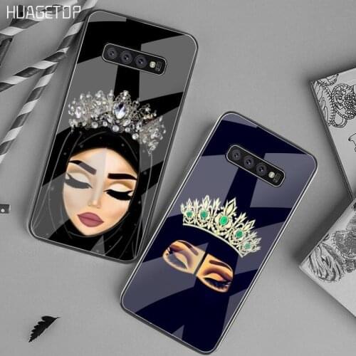 HUAGETOP Muslim Islamic Gril Queen Crown Black Phone Case Tempered Glass For Samsung S20 Plus S7 S8 S9 S10 Plus Note 8 9 10 Plus