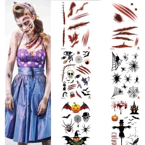 2PC Halloween Tattoo Sticker Horror Series Temporary Tattoo Sticker Flower Arm Waterproof Scar Tattoo Sticker Halloween makeup