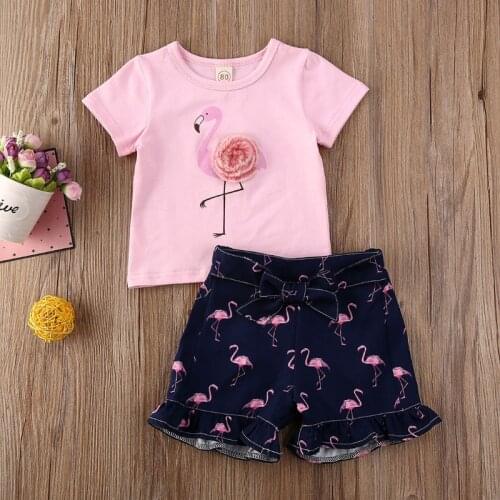 Emmababy Toddler Kids Baby Girl Flamingos Clothes Short Sleeve T-shirt Top Ruffles Animal Printed Shorts Outfit Sets Summer
