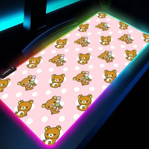 Rilakkuma Kawaii Mouse Pad Cute Carpet Anime Gaming Lights Pc Gamer Accessories Rgb Led Pad Mausepad Pink Japanese with Cable