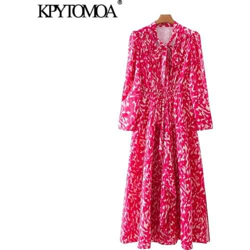 KPYTOMOA Women 2021 Fashion With Bow Tied Print Ruffled Midi Dress Vintage Long Sleeve Side Slit Female Dresses Vestidos
