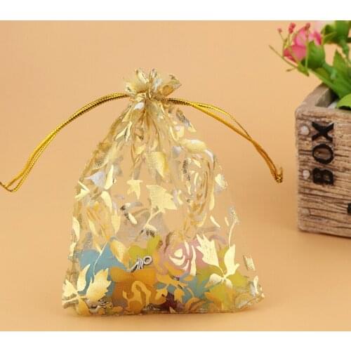 Hot Sale 200pcs/lot Rose Design Gold Organza Bags 17x23cm Christmas Drawstring Pouch Jewelry Packaging Bags Candy Gift Bag