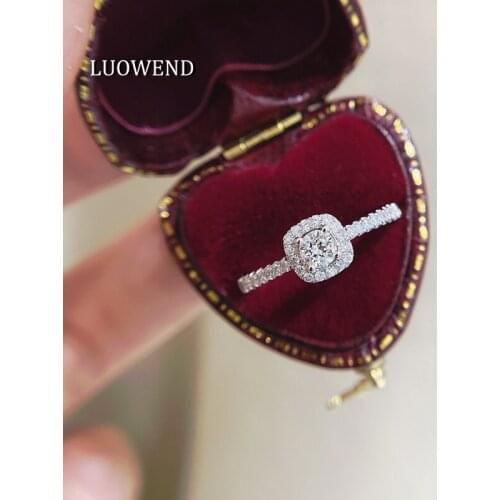 LUOWEND 18K White Gold AU750 Engagement Ring Square Shape 0.20 carat Certificated Natural Diamond Ring for Women Wedding