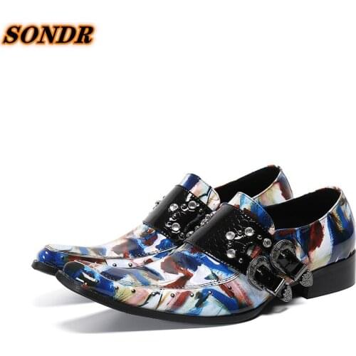 Korean Style Men Multi Color Formal Shoes Genuine Leather Buckle Strap Crystal For Men Dress Square Toe Shoes Calzado Hombre