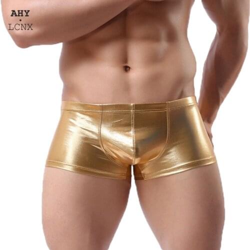 2020 New Fashion Sexy Boxers Shorts PU Faux Leather Underpants Men Plus Size Mens Boxer U Convex Pouch Low waist Male Underwear