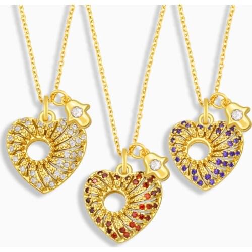 FLOLA Hollow Heart Necklace For Women CZ Rhinestone Fatima Hand Charm Necklace Gold Plated Jewelry Valentines Day Gifts nkev28