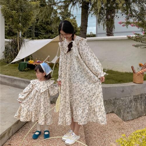 2021 autumn new skirt girls' school childrens mother dress Korean flower frosted mother daughter dress Mori