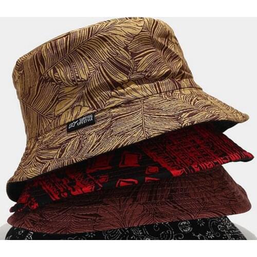 Men Women Harajuku Vintage Reversible Bucket Hat Summer Outdoor Sunscreen Graffiti Tropical Leaves Printed Panama Fisherman Cap