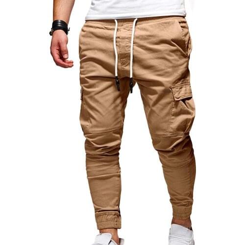 Casual Men Pants Solid Color Multi Pocket Drawstring Ankle Tie Cargo Pants Trousers Mens Clothing Мужчынскі камбінезон 2021