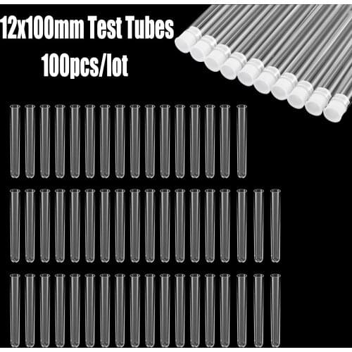 100PCS 12x100mm Lab Clear Plastic Test Tube Round Bottom Tube Vial with Cap Office Lab Experiment Supplies