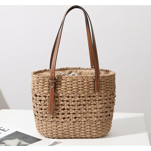 Hollow Woven Rattan Bags Bohemia Women Shoulder Bag Designer Drawstring Straw Bags for Women 2021 Handbag Boho Basket Bags Purse