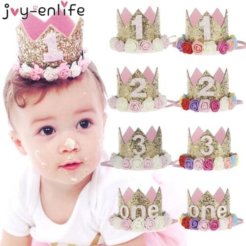 JOY-ENLIFE Flower Crown Newborn Headband Gold Birthday Crown 1 2 3 Year Number Priness Style Birthday Hat Baby Hair Accessory
